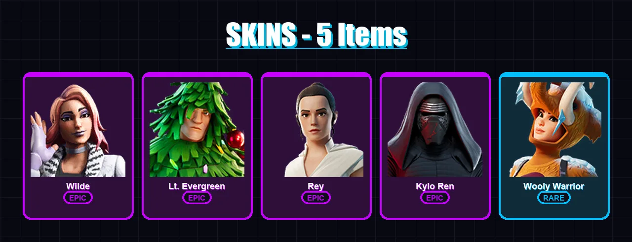 [PS4/PS5/XBOX/PC] | Wilde | Lt. Evergreen | Rey | Kylo Ren | Wooly Warrior | 5 skin | 4 pickaxe | 7 emote | 9 glider | Lv99