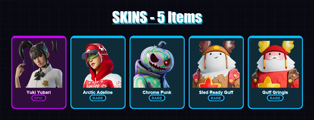 [PC/XBOX/PSN] | Yuki Yubari | Arctic Adeline | Chrome Punk | Sled Ready Guff | Guff Gringle | 5 skin | 20 pickaxe | 18 emote | 24 glider | Lv332