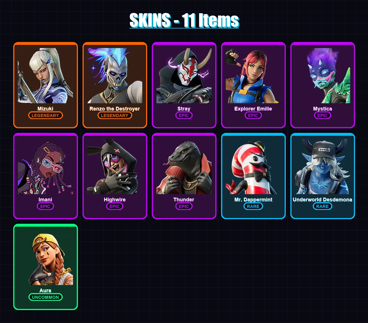 [PC/XBOX/PSN] | Mizuki | Renzo the Destroyer | Stray | Explorer Emilie | Mystica | 11 skin | 12 pickaxe | 15 emote | 17 glider | Lv390