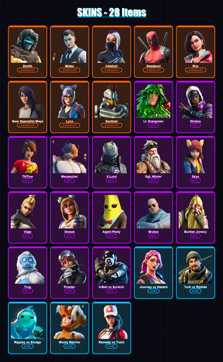 [PS4/PS5/XBOX/PC] | Zenith | Midas | Catalyst | Deadpool | Rox | 28 skin | 28 pickaxe | 36 emote | 35 glider | Lv448 — Fortnite account