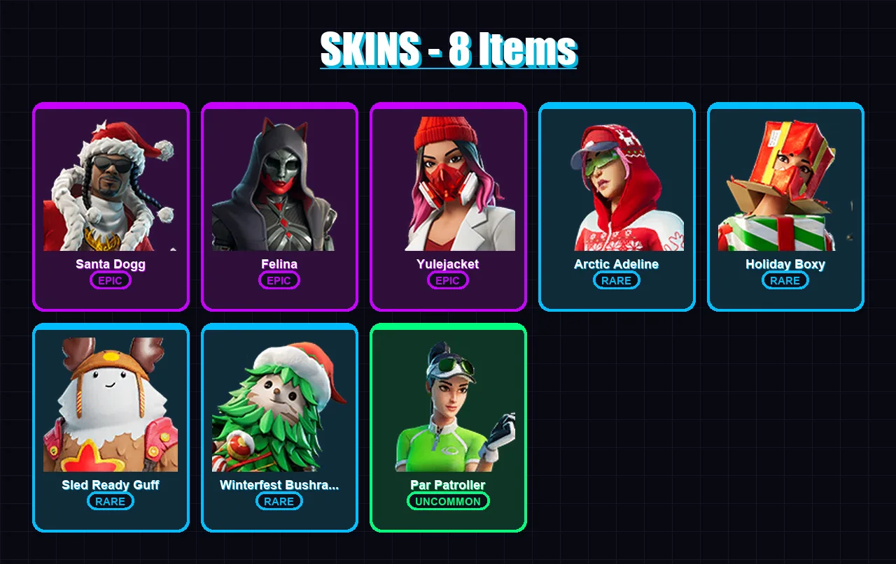 [PC/PSN] | Santa Dogg | Felina | Yulejacket | Arctic Adeline | Holiday Boxy | 8 skin | 50 pickaxe | 22 emote | 39 glider | Lv639