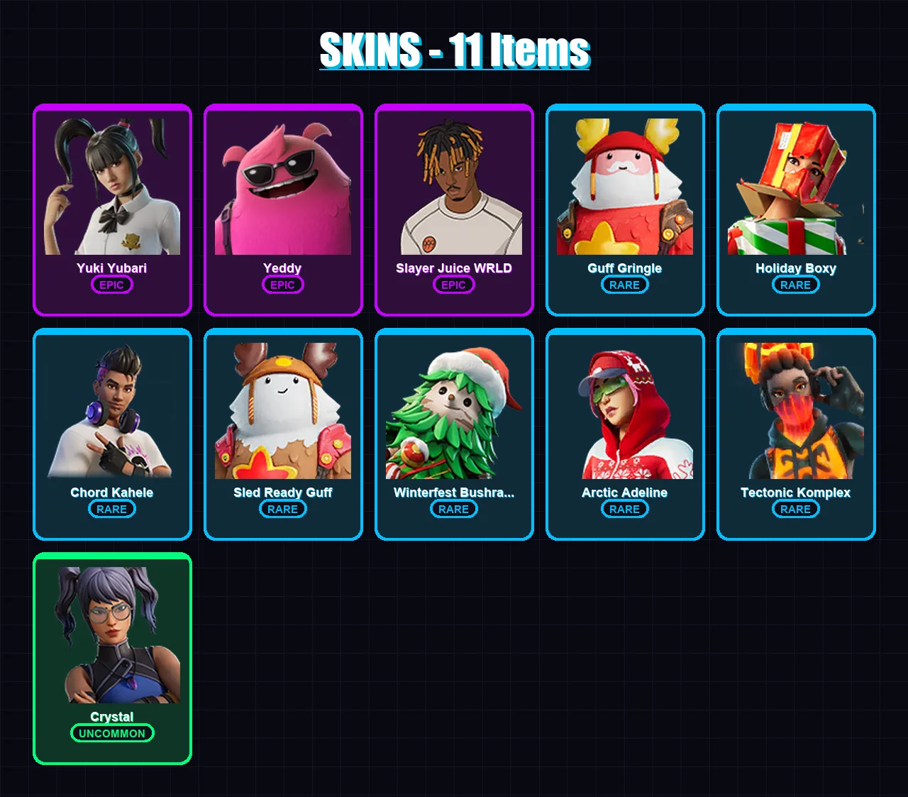 [PC/XBOX/PSN] | Yuki Yubari | Yeddy | Slayer Juice WRLD | Guff Gringle | Holiday Boxy | 11 skin | 37 pickaxe | 18 emote | 29 glider | Lv324