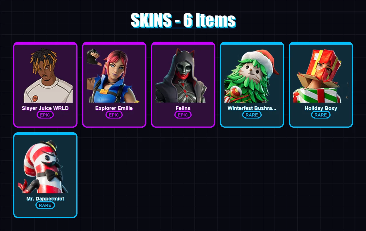 [PC/PSN] | Slayer Juice WRLD | Explorer Emilie | Felina | Winterfest Bushranger | Holiday Boxy | 6 skin | 26 pickaxe | 11 emote | 21 glider | Lv314