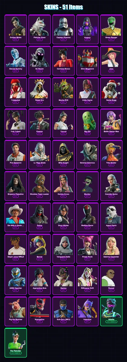 [PC/XBOX/PSN] | Outlaw Midas | Fletcher Kane | Captain Phasma | Augury | Green Ranger | 51 skin | 109 pickaxe | 66 emote | 57 glider | Lv1426 — Fortnite account
