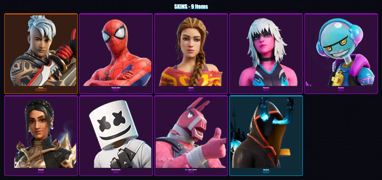 [PC/XBOX/PSN] | Ronin | Spider-Man | Haven | Harlowe | Gumbo | 9 skin | 10 pickaxe | 13 emote | 10 glider | Lv105