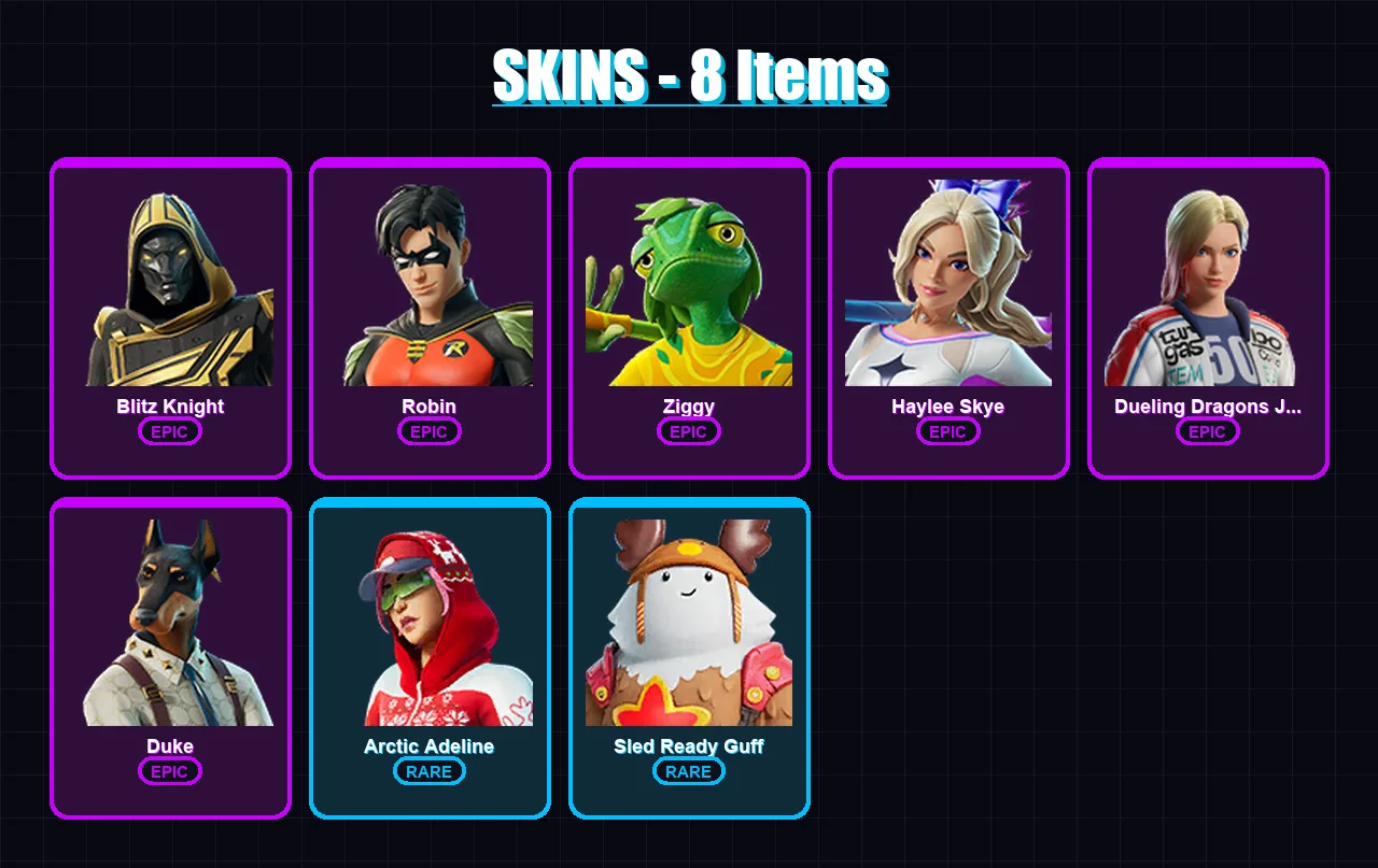 [PS4/PS5/XBOX/PC] | Blitz Knight | Robin | Ziggy | Haylee Skye | Dueling Dragons Jackie | 8 skin | 24 pickaxe | 12 emote | 20 glider | Lv167