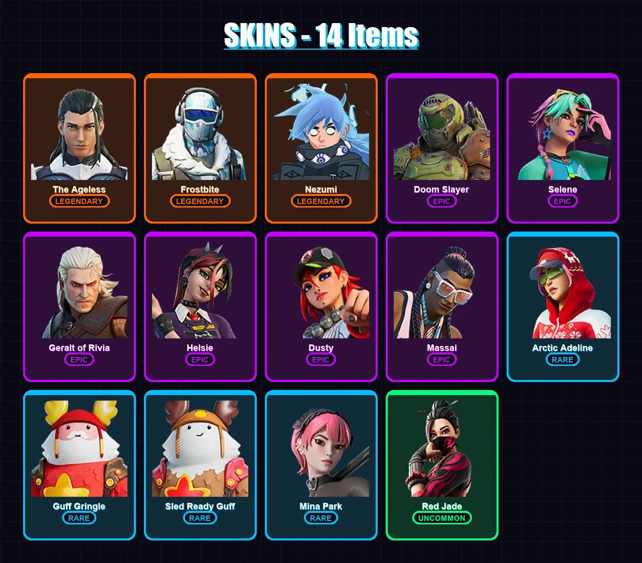 [PC/XBOX/PSN] | The Ageless | Frostbite | Nezumi | Doom Slayer | Selene | 14 skin | 15 pickaxe | 19 emote | 17 glider | Lv261