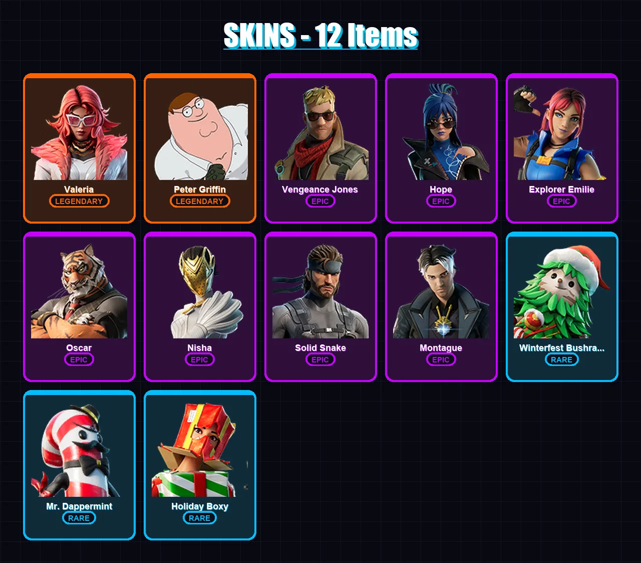 [PC/XBOX/PSN] | Valeria | Peter Griffin | Vengeance Jones | Hope | Explorer Emilie | 12 skin | 13 pickaxe | 13 emote | 12 glider | Lv125