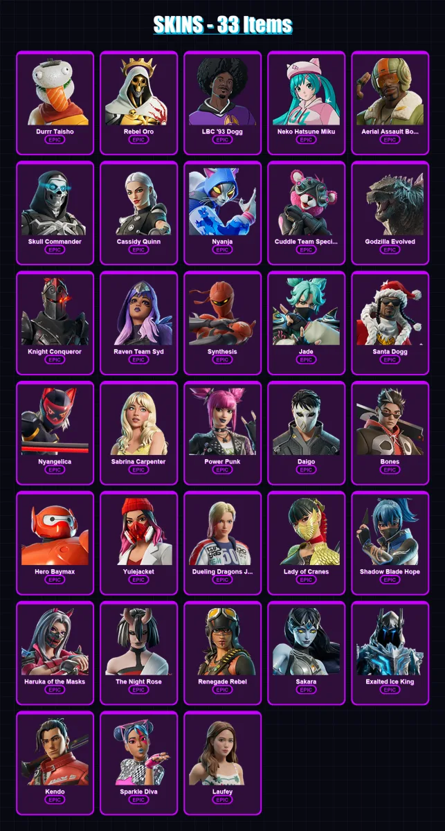 [PC/PSN] | Durrr Taisho | Rebel Oro | LBC '93 Dogg | Neko Hatsune Miku | Aerial Assault Bomber | 33 skin | 40 pickaxe | 28 emote | 23 glider | Lv443
