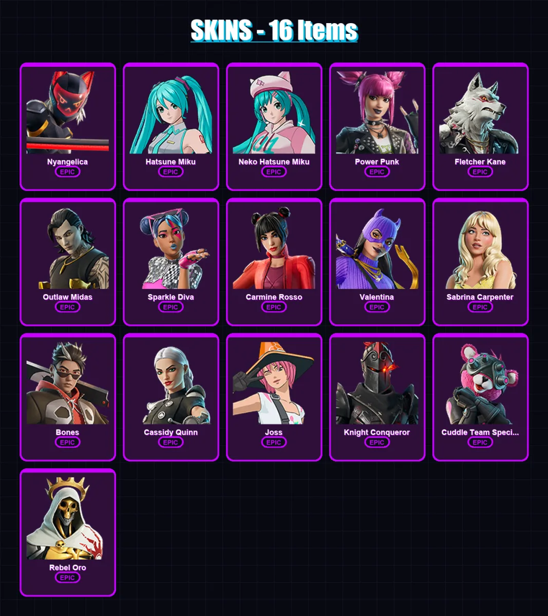 [PS4/PS5/XBOX/PC] | Nyangelica | Hatsune Miku | Neko Hatsune Miku | Power Punk | Fletcher Kane | 16 skin | 19 pickaxe | 18 emote | 12 glider | Lv68