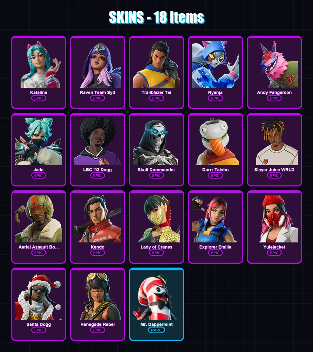 [PC/PSN] | Katalina | Raven Team Syd | Trailblazer Tai | Nyanja | Andy Fangerson | 18 skin | 24 pickaxe | 12 emote | 15 glider | Lv120 — Fortnite account
