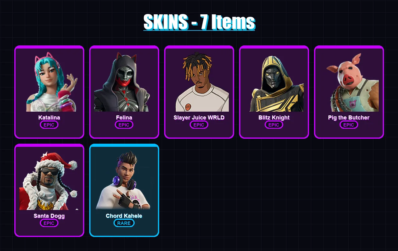 [PC/XBOX/PSN] | Katalina | Felina | Slayer Juice WRLD | Blitz Knight | Pig the Butcher | 7 skin | 44 pickaxe | 17 emote | 28 glider | Lv365