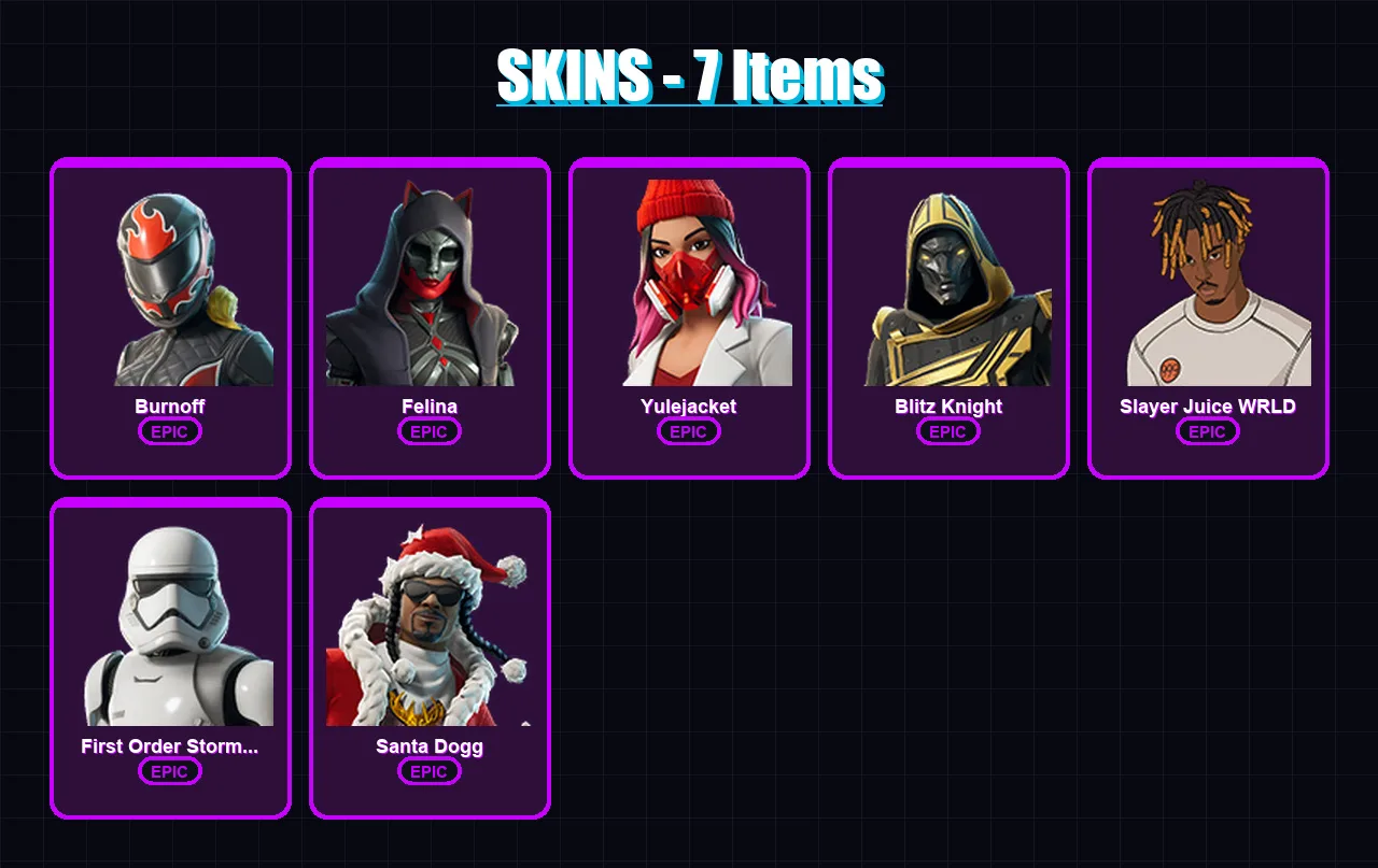 [PS4/PS5/XBOX/PC] | Burnoff | Felina | Yulejacket | Blitz Knight | Slayer Juice WRLD | 7 skin | 37 pickaxe | 9 emote | 23 glider | Lv250