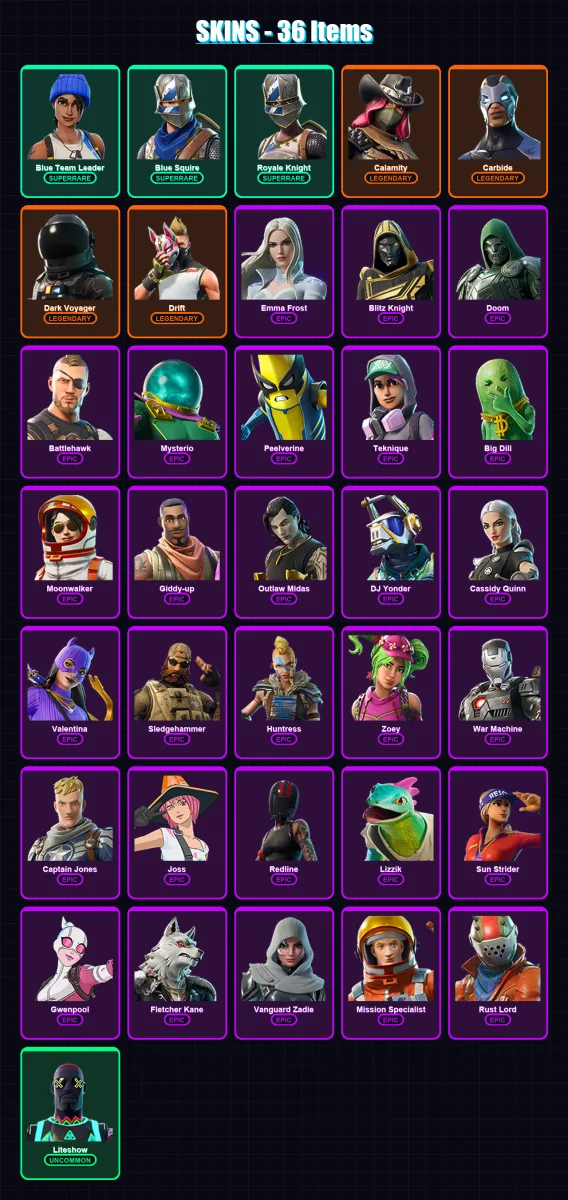 [PS4/PS5/XBOX/PC] | Blue Team Leader | Blue Squire | Royale Knight | Calamity | Carbide | 36 skin | 49 pickaxe | 47 emote | 47 glider | Lv685