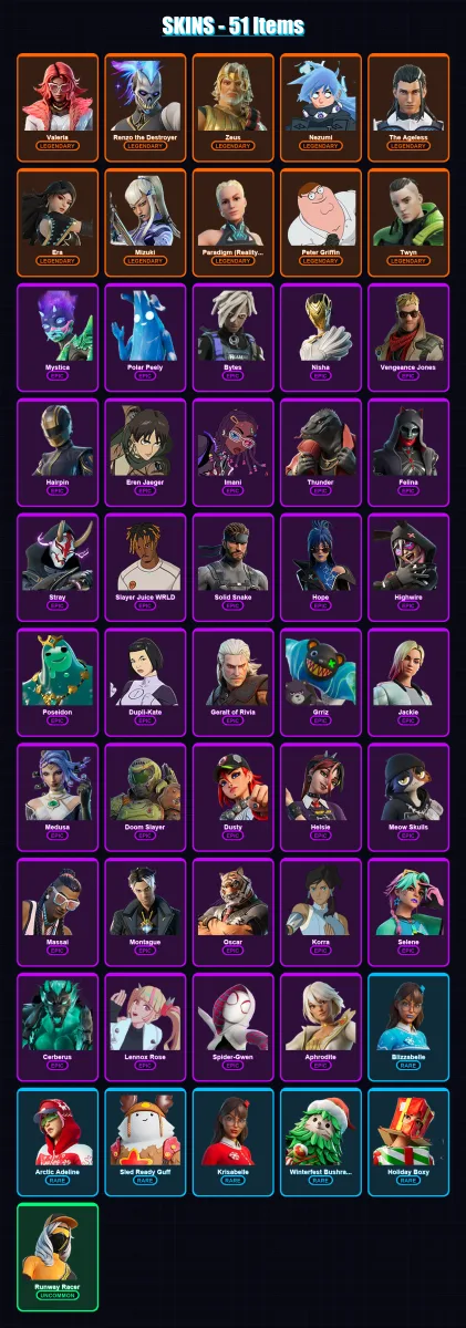 [PC] | Valeria | Renzo the Destroyer | Zeus | Nezumi | The Ageless | 51 skin | 104 pickaxe | 73 emote | 92 glider | Lv1518