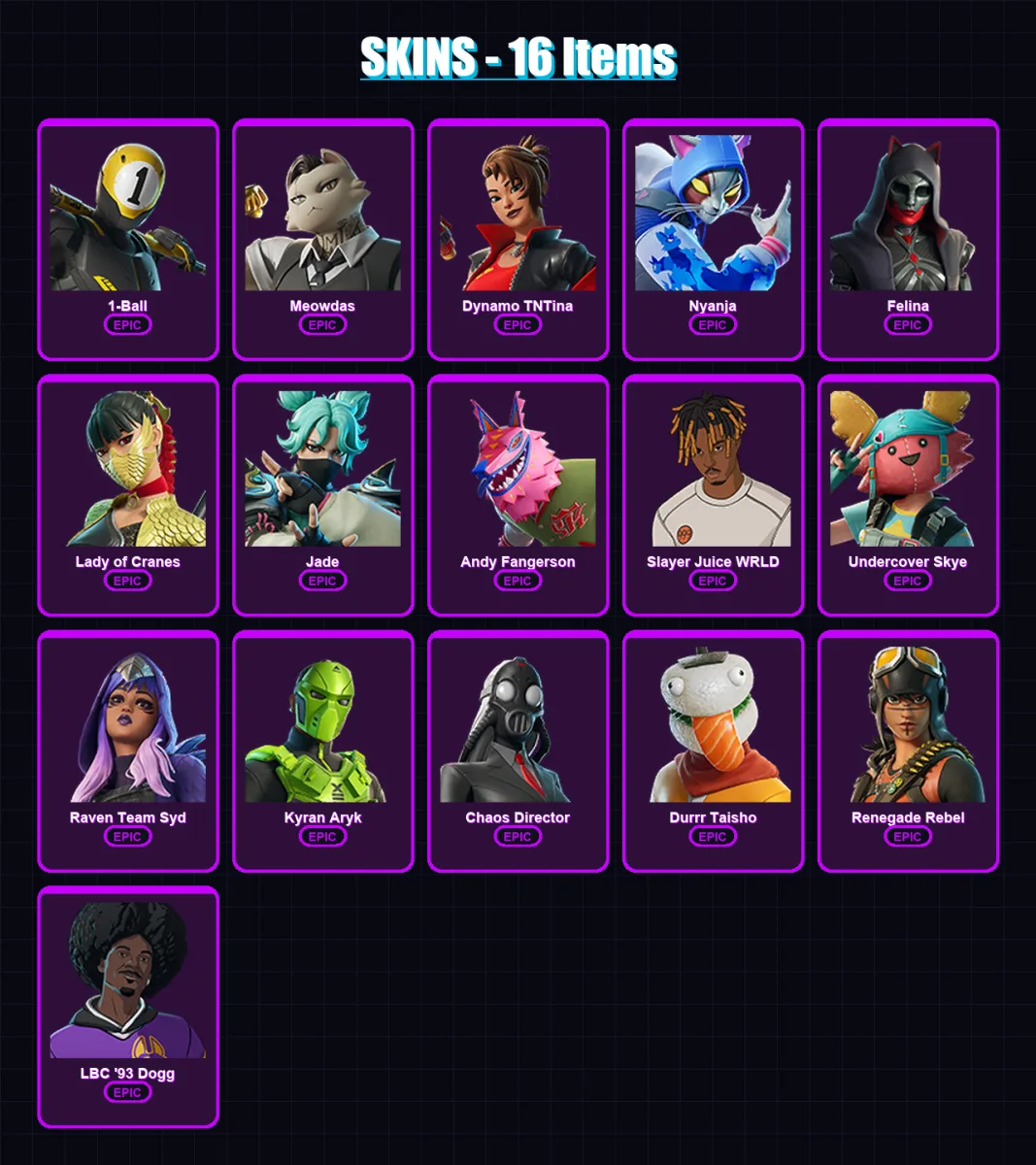 [PC/PSN] | 1-Ball | Meowdas | Dynamo TNTina | Nyanja | Felina | 16 skin | 30 pickaxe | 12 emote | 15 glider | Lv116