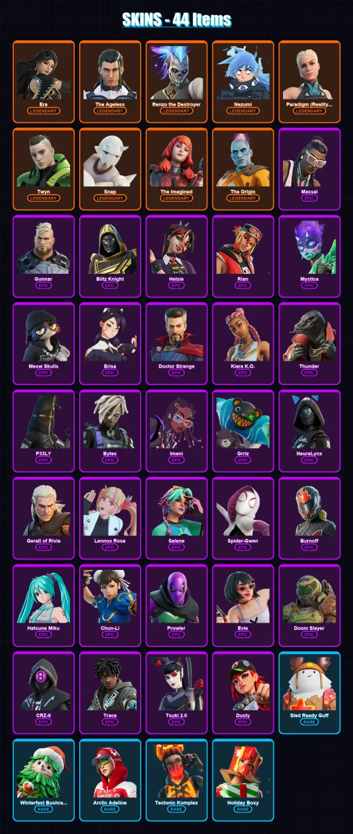 [PC/XBOX/PSN] | Era | The Ageless | Renzo the Destroyer | Nezumi | Paradigm (Reality-659) | 44 skin | 75 pickaxe | 56 emote | 64 glider | Lv681