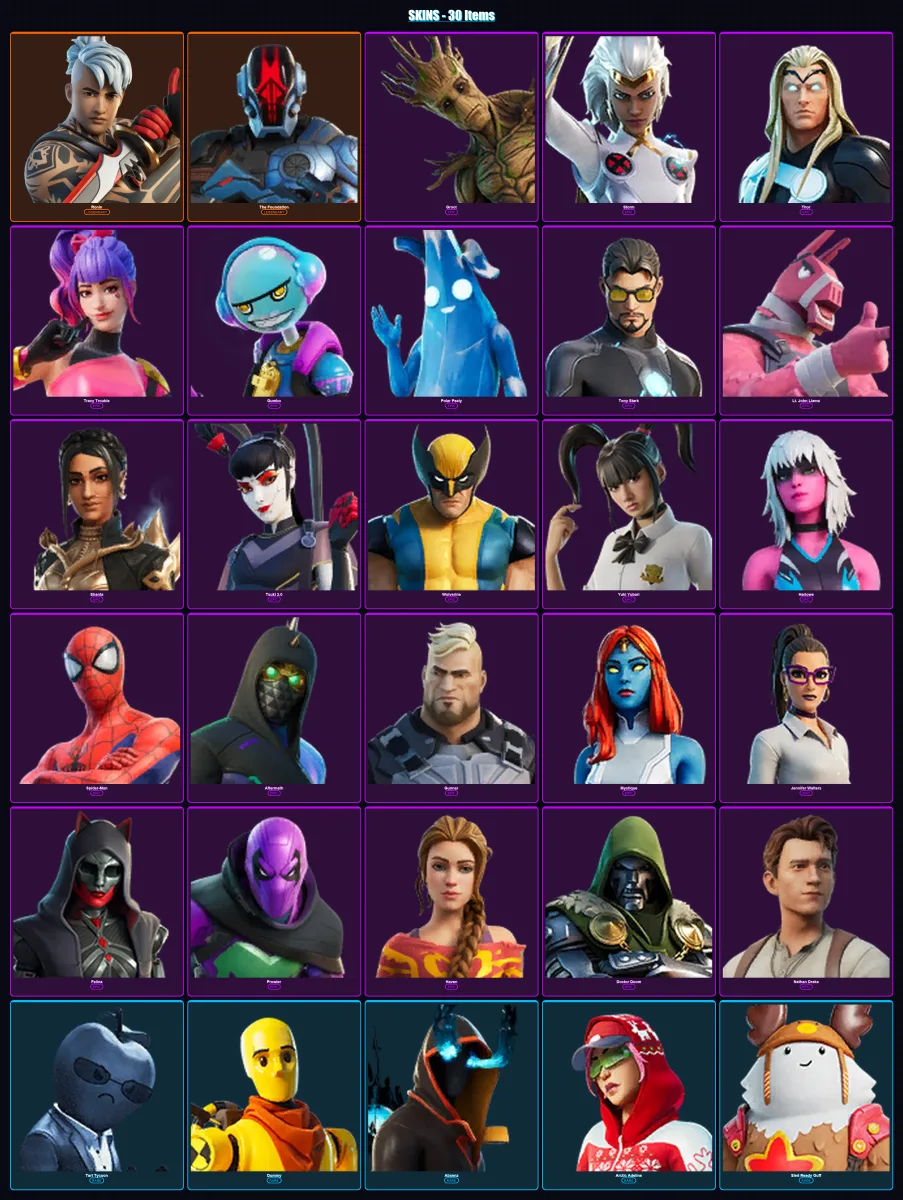 [PC] | Ronin | The Foundation | Groot | Storm | Thor | 30 skin | 83 pickaxe | 46 emote | 68 glider | Lv1196 — Fortnite account