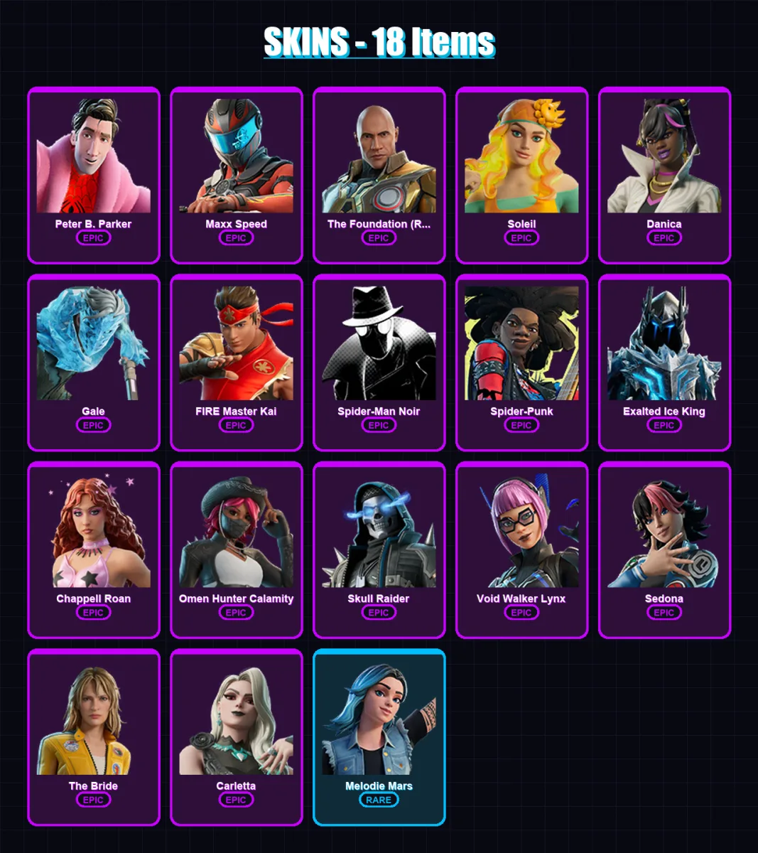 [PC/PSN] | Peter B. Parker | Maxx Speed | The Foundation (Reforged) | Soleil | Danica | 18 skin | 13 pickaxe | 7 emote | 6 glider | Lv23