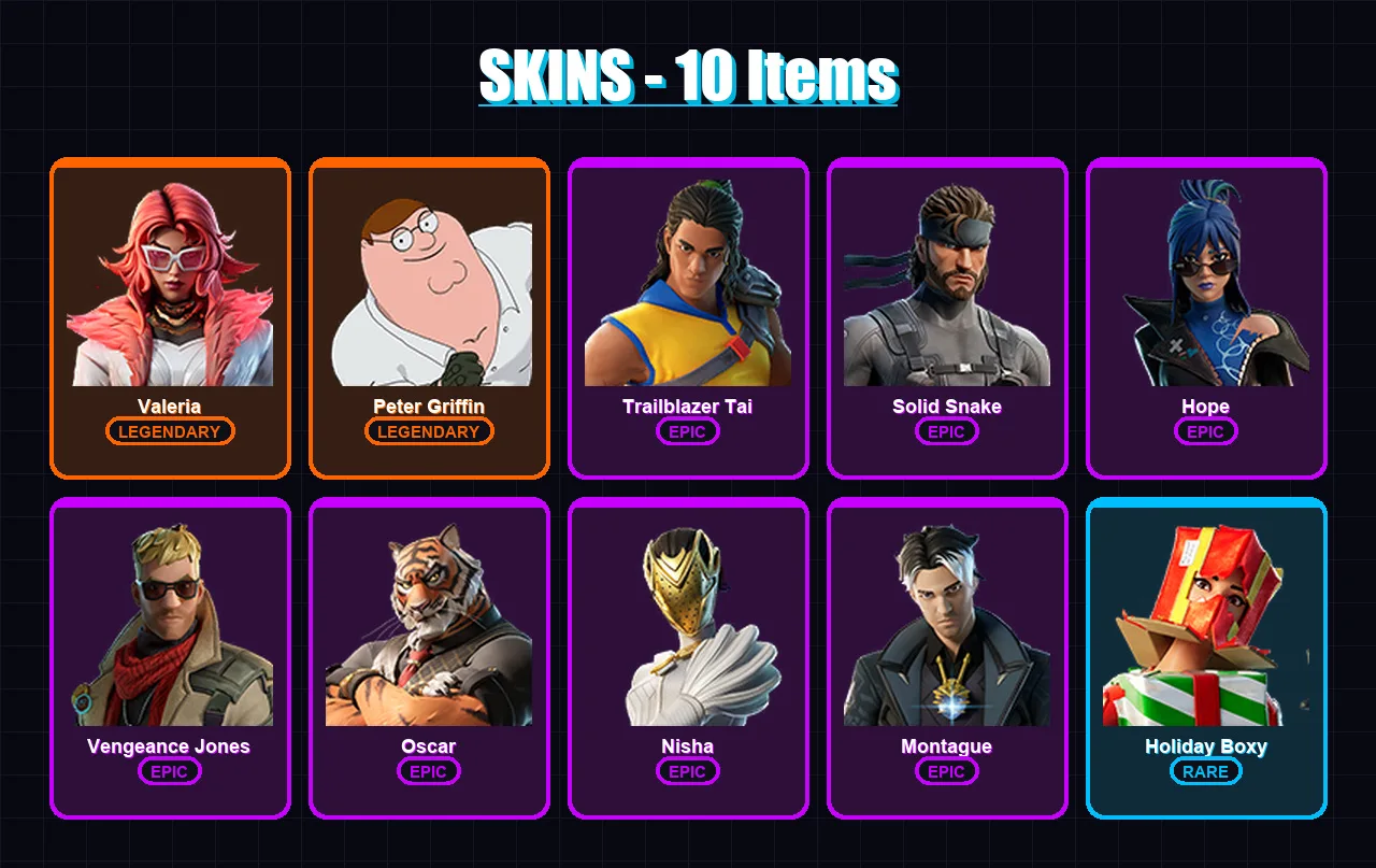 [PC/PSN] | Valeria | Peter Griffin | Trailblazer Tai | Solid Snake | Hope | 10 skin | 19 pickaxe | 15 emote | 19 glider | Lv254