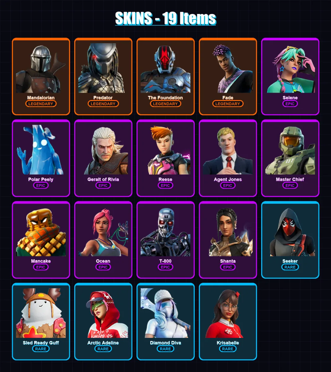 [PC/PSN] | Mandalorian | Predator | The Foundation | Fade | Selene | 19 skin | 20 pickaxe | 15 emote | 18 glider | Lv133