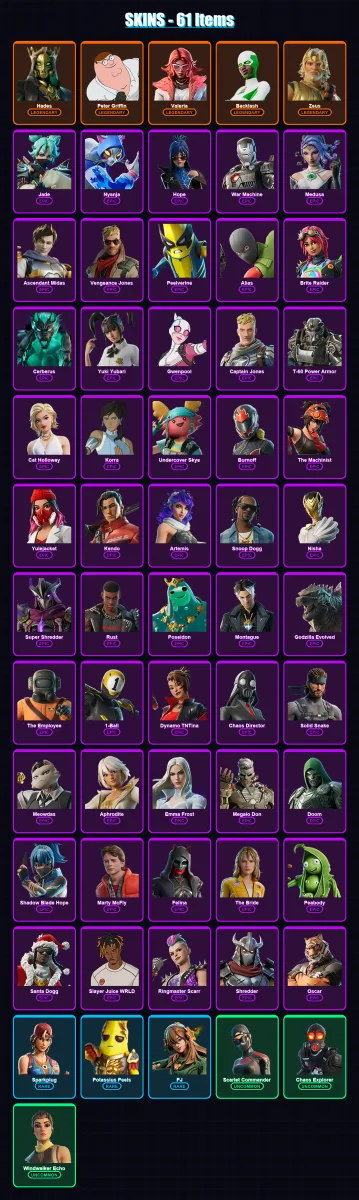 [PC/PSN] | Hades | Peter Griffin | Valeria | Backlash | Zeus | 61 skin | 102 pickaxe | 87 emote | 60 glider | Lv912