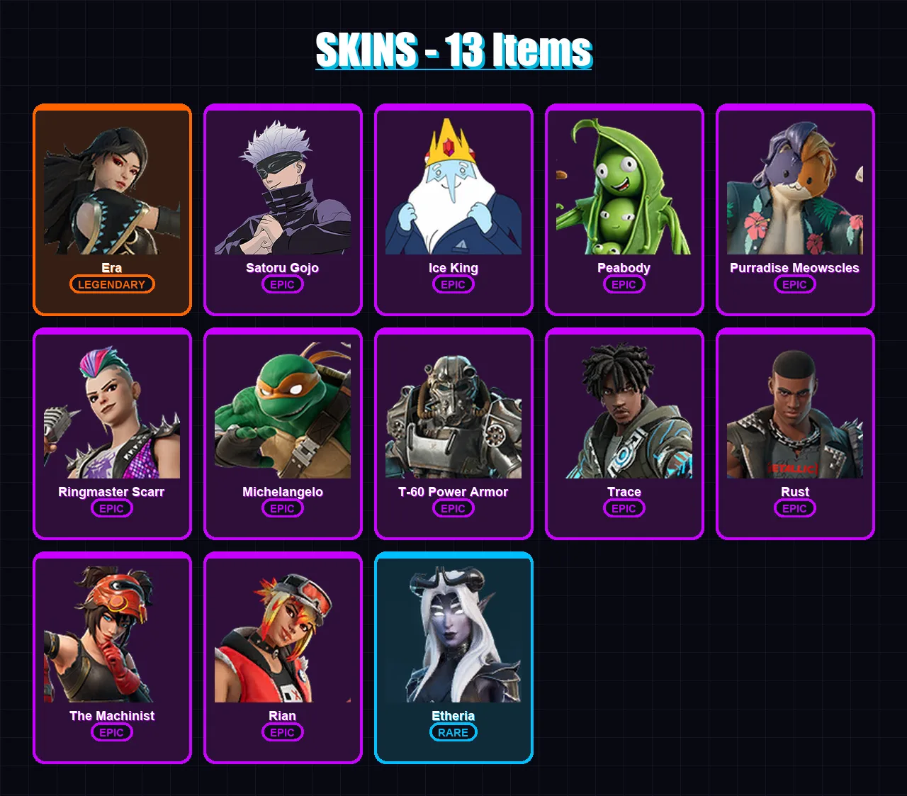 [PS4/PS5/PC] | Era | Satoru Gojo | Ice King | Peabody | Purradise Meowscles | 13 skin | 26 pickaxe | 12 emote | 24 glider | Lv244 — Fortnite account