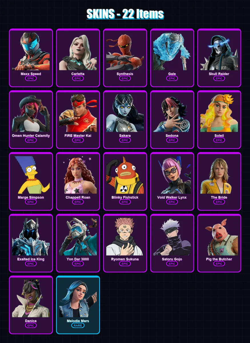 [PC/PSN] | Maxx Speed | Carletta | Synthesis | Gale | Skull Raider | 22 skin | 34 pickaxe | 13 emote | 18 glider | Lv163