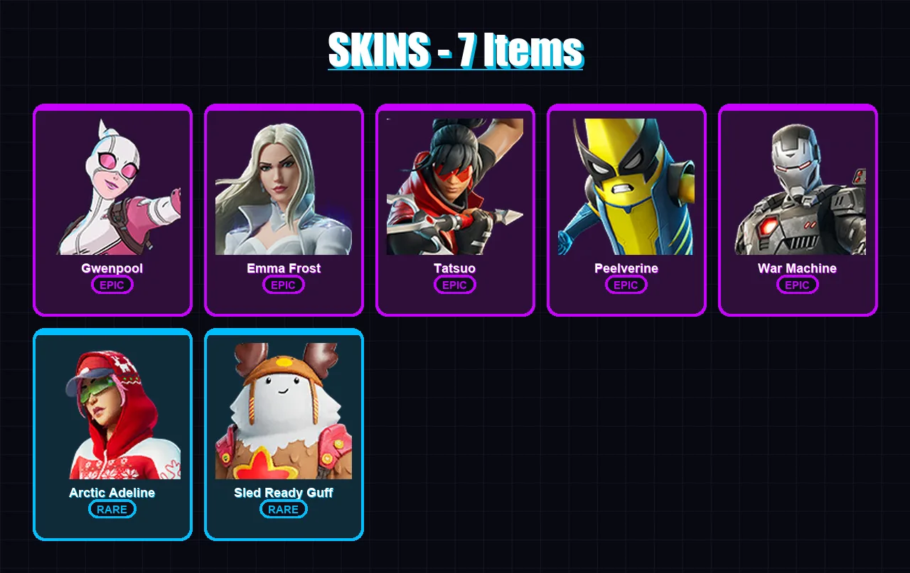 [PC/PSN] | Gwenpool | Emma Frost | Tatsuo | Peelverine | War Machine | 7 skin | 13 pickaxe | 12 emote | 14 glider | Lv194