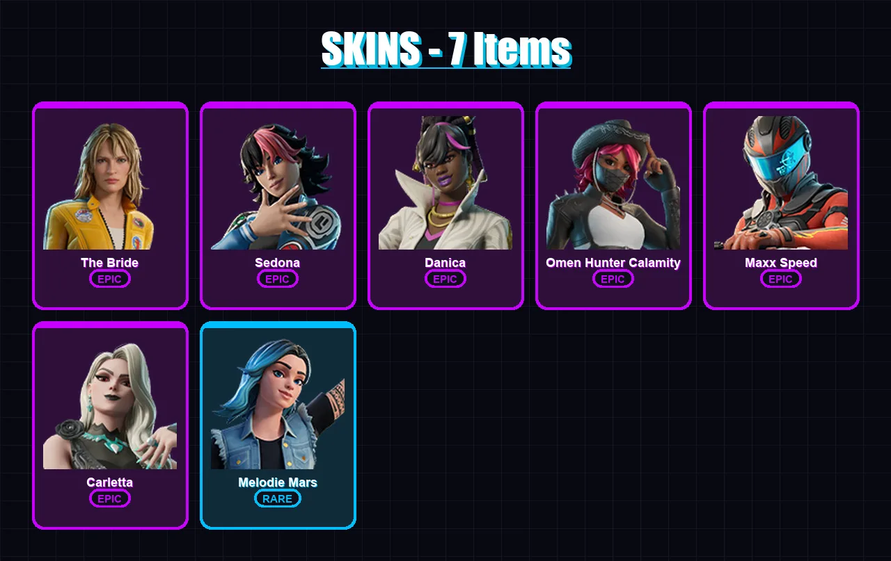 [PC/PSN] | The Bride | Sedona | Danica | Omen Hunter Calamity | Maxx Speed | 7 skin | 3 pickaxe | 2 emote | 3 glider | Lv23