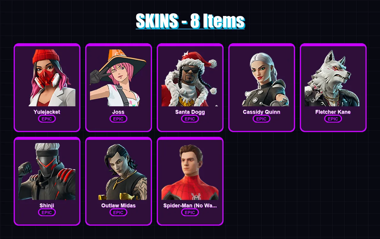 [PC/XBOX] | Yulejacket | Joss | Santa Dogg | Cassidy Quinn | Fletcher Kane | 8 skin | 23 pickaxe | 13 emote | 15 glider | Lv93