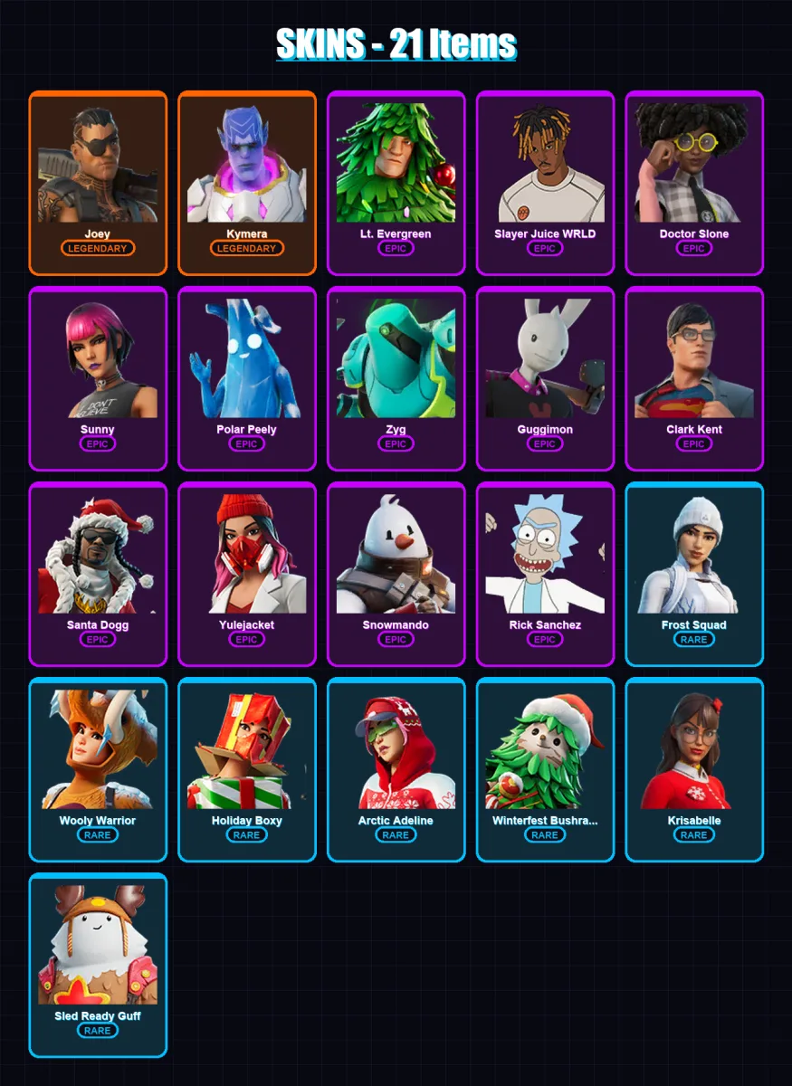 [PS4/PS5/XBOX/PC] | Joey | Kymera | Lt. Evergreen | Slayer Juice WRLD | Doctor Slone | 21 skin | 40 pickaxe | 26 emote | 34 glider | Lv636 — Fortnite account