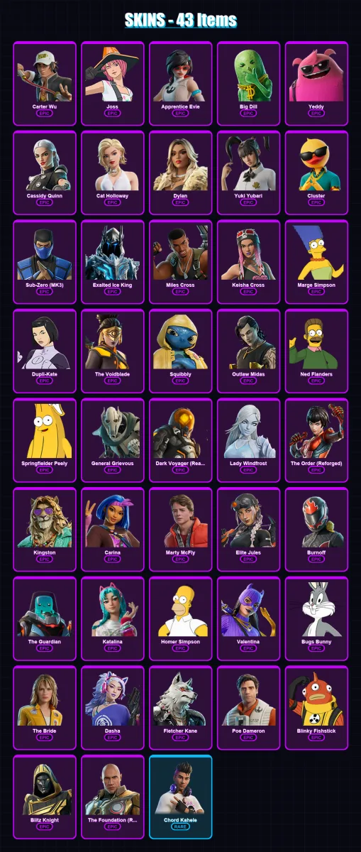 [PC/XBOX/PSN] | Carter Wu | Joss | Apprentice Evie | Big Dill | Yeddy | 43 skin | 85 pickaxe | 51 emote | 65 glider | Lv610