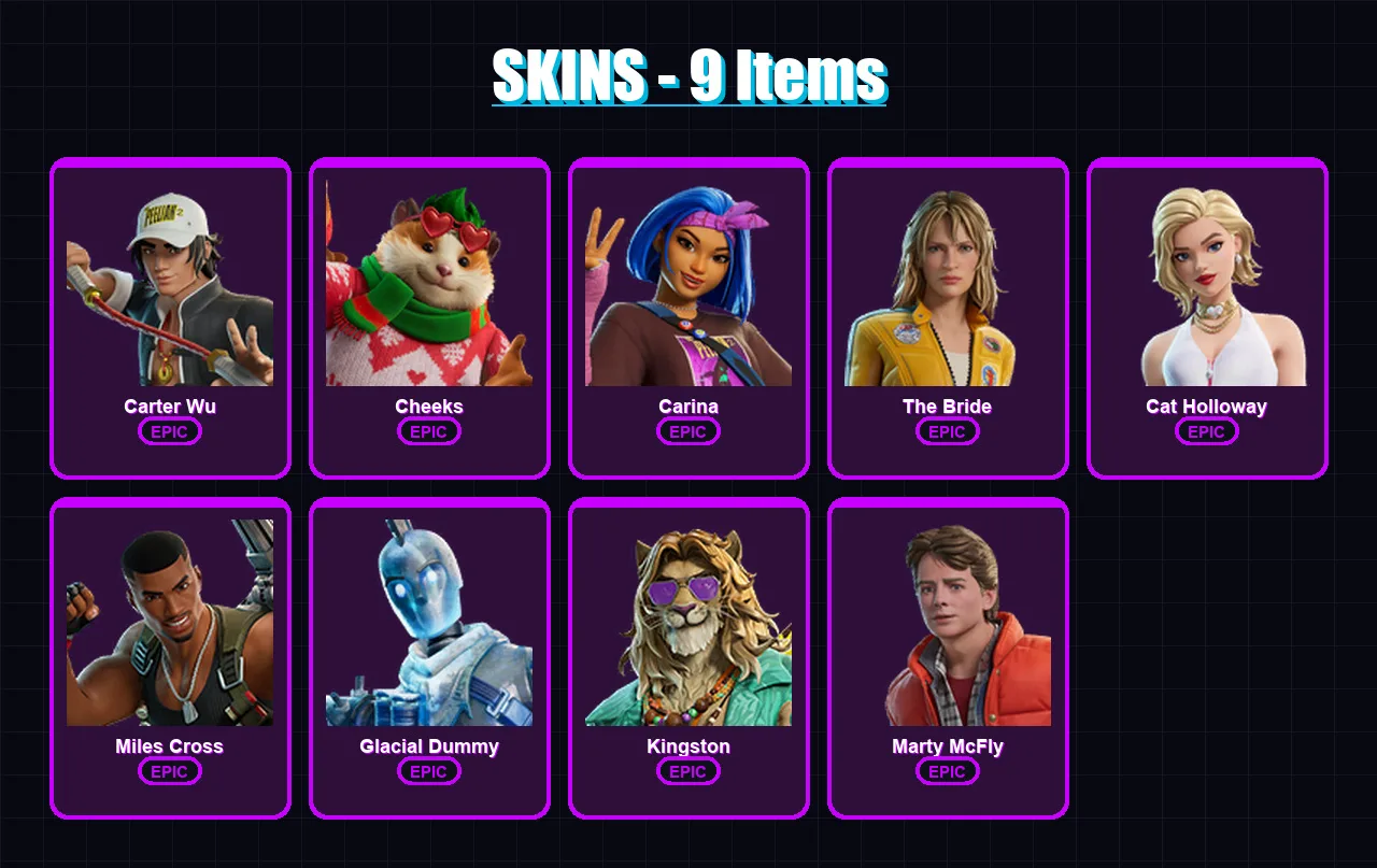 [PC/XBOX/PSN] | Carter Wu | Cheeks | Carina | The Bride | Cat Holloway | 9 skin | 18 pickaxe | 14 emote | 13 glider | Lv98