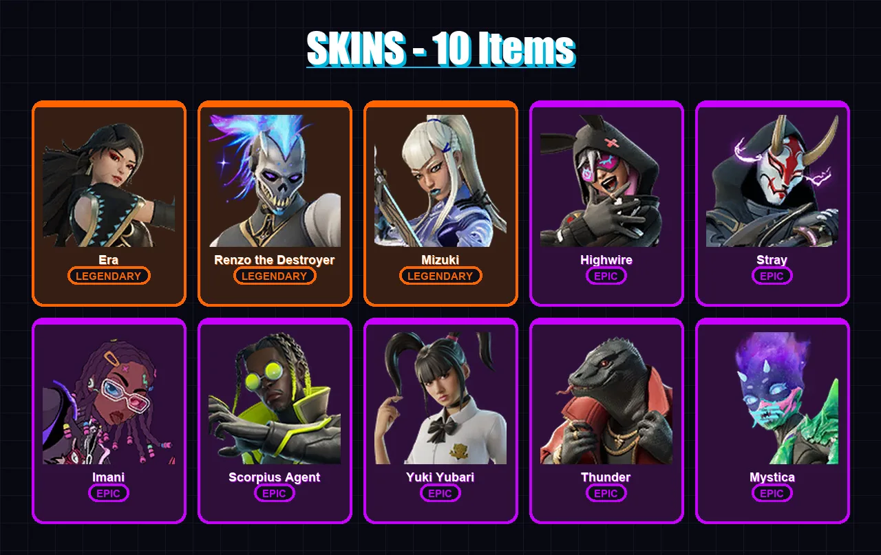 [PC/XBOX/PSN] | Era | Renzo the Destroyer | Mizuki | Highwire | Stray | 10 skin | 52 pickaxe | 29 emote | 44 glider | Lv532