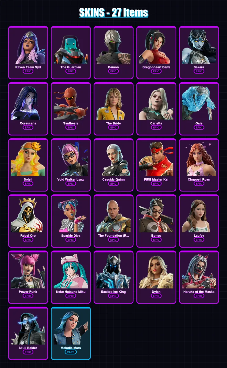 [PC/XBOX/PSN] | Raven Team Syd | The Guardian | Damon | Dragonheart Demi | Sakara | 27 skin | 12 pickaxe | 3 emote | 7 glider | Lv19