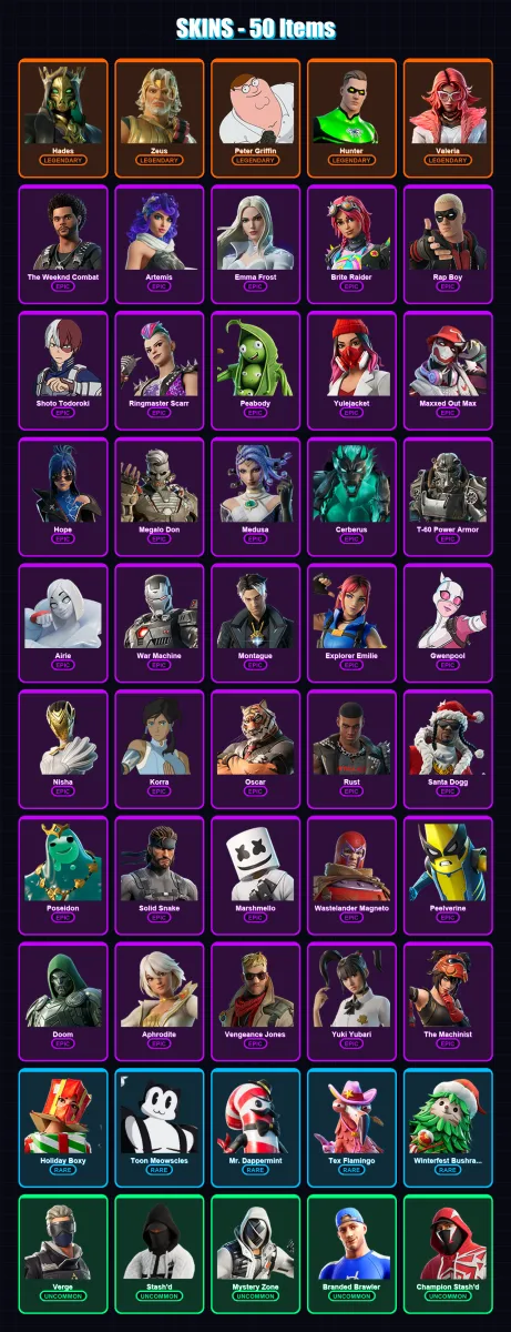 [SWITCH/PSN/PC] | Hades | Zeus | Peter Griffin | Hunter | Valeria | 50 skin | 65 pickaxe | 69 emote | 52 glider | Lv618