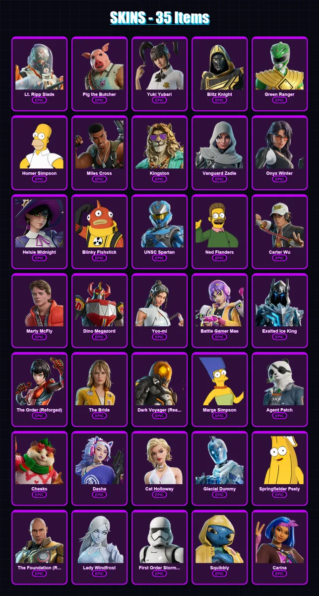 [PS4/PS5/XBOX/PC] | Lt. Ripp Slade | Pig the Butcher | Yuki Yubari | Blitz Knight | Green Ranger | 35 skin | 86 pickaxe | 50 emote | 58 glider | Lv7