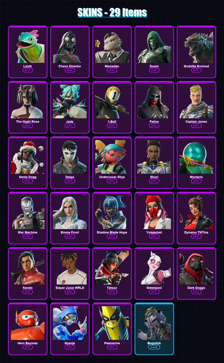 [PC/XBOX/PSN] | Lizzik | Chaos Director | Meowdas | Doom | Godzilla Evolved | 29 skin | 56 pickaxe | 33 emote | 36 glider | Lv430