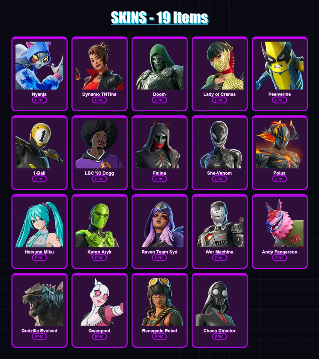 [PS4/PS5/XBOX/PC] | Nyanja | Dynamo TNTina | Doom | Lady of Cranes | Peelverine | 19 skin | 34 pickaxe | 18 emote | 19 glider | Lv208 — Fortnite account