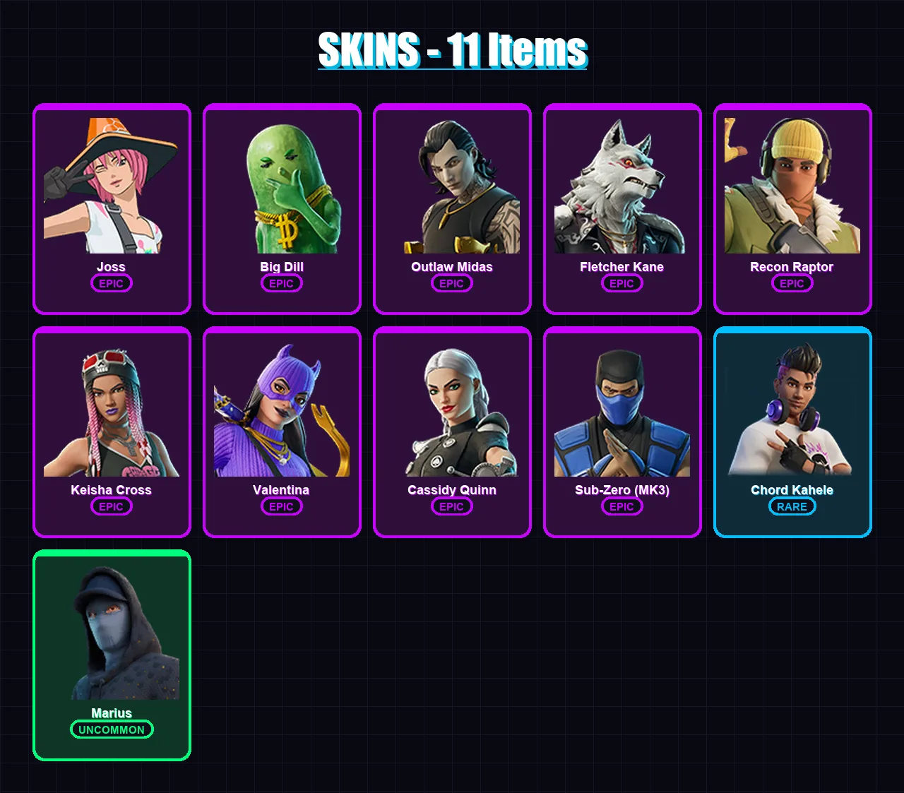 [PC/PSN] | Joss | Big Dill | Outlaw Midas | Fletcher Kane | Recon Raptor | 11 skin | 27 pickaxe | 20 emote | 21 glider | Lv419