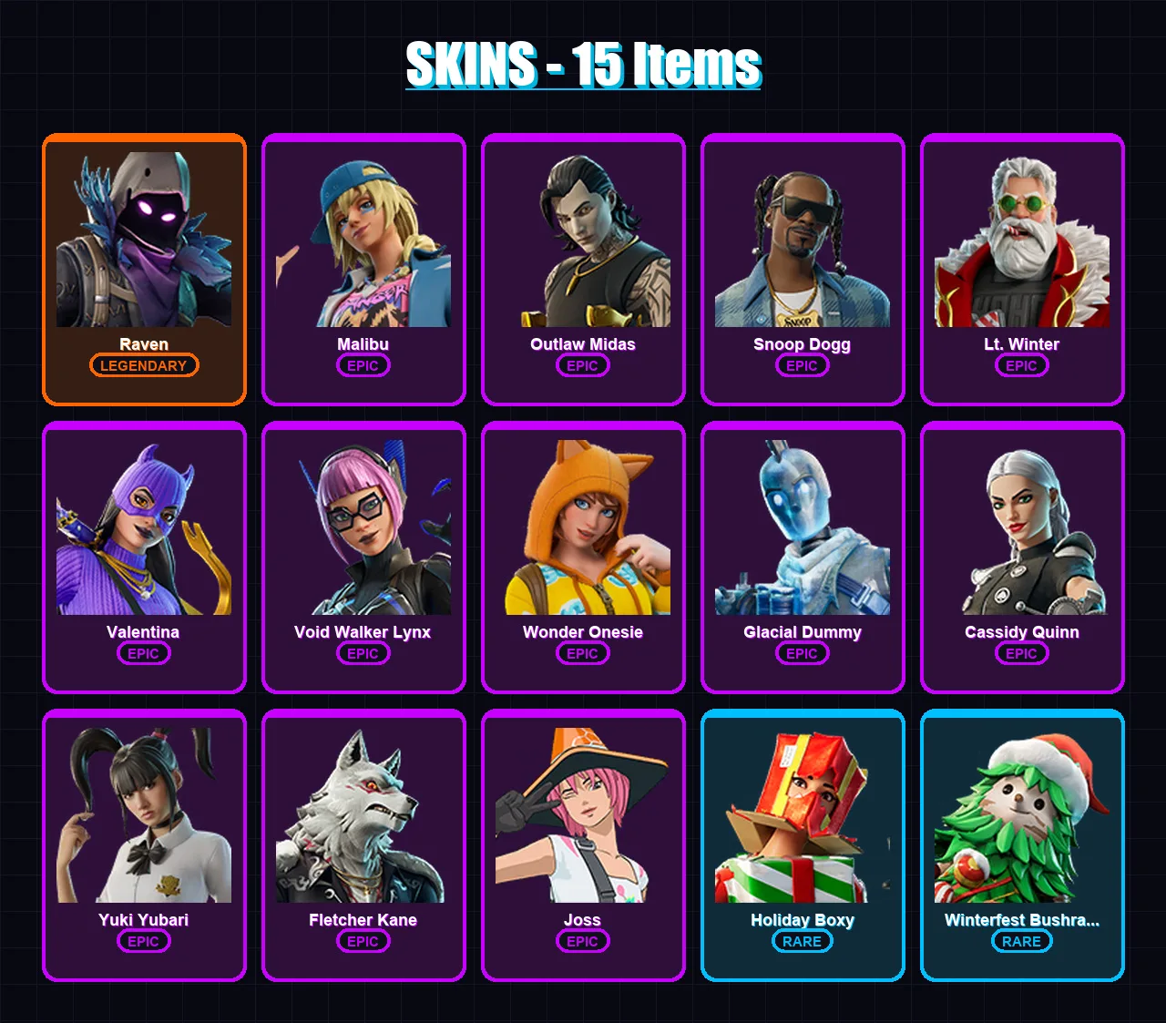 [PC/XBOX/PSN] | Raven | Malibu | Outlaw Midas | Snoop Dogg | Lt. Winter | 15 skin | 33 pickaxe | 21 emote | 23 glider | Lv246 — Fortnite account