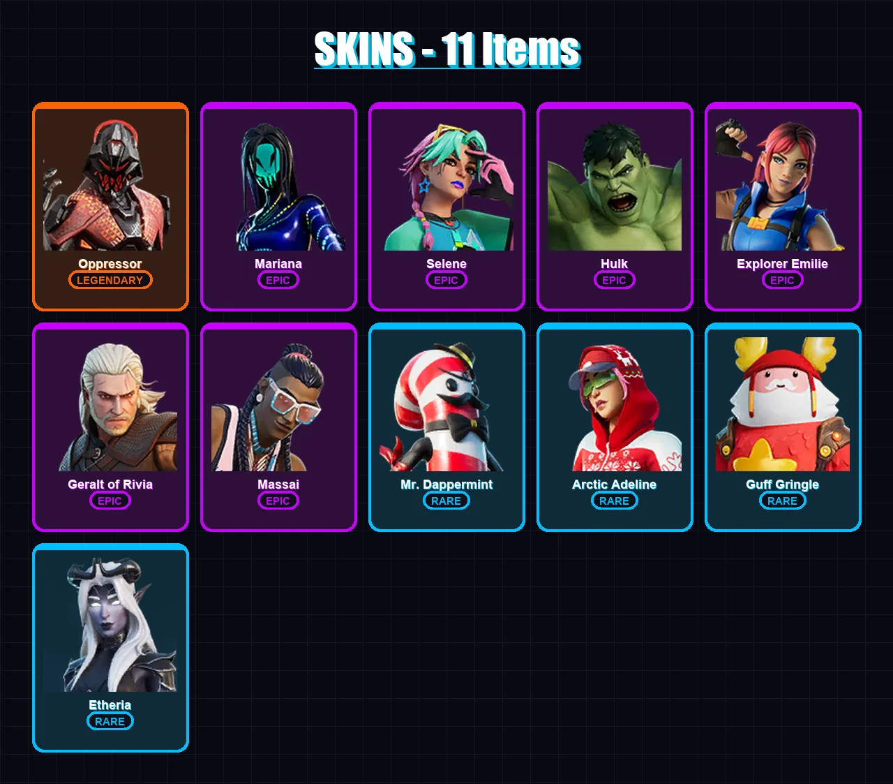 [PC/XBOX/PSN] | Oppressor | Mariana | Selene | Hulk | Explorer Emilie | 11 skin | 7 pickaxe | 11 emote | 6 glider | Lv32