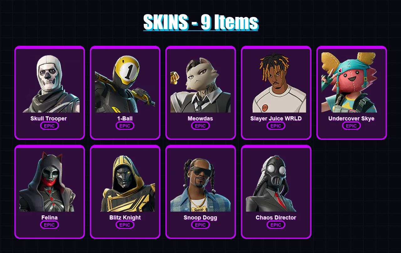 [PC/XBOX/PSN] | Skull Trooper  | 1-Ball | Meowdas | Slayer Juice WRLD | Undercover Skye | 9 skin | 29 pickaxe | 12 emote | 12 glider | Lv137