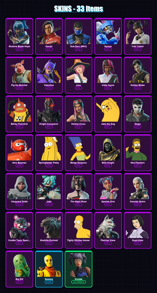 [PC/XBOX/PSN] | Shadow Blade Hope | Kendo | Sub-Zero (MK3) | Nyanja | Yuki Yubari | 33 skin | 74 pickaxe | 53 emote | 52 glider | Lv1527