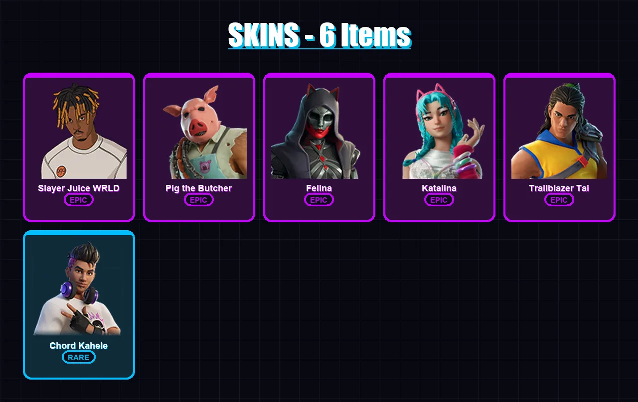 [PC] | Slayer Juice WRLD | Pig the Butcher | Felina | Katalina | Trailblazer Tai | 6 skin | 48 pickaxe | 16 emote | 30 glider | Lv371