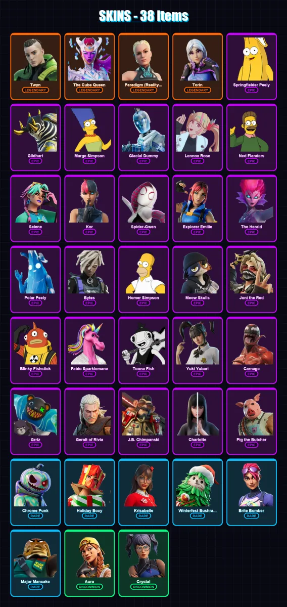 [PC/XBOX] | Twyn | The Cube Queen | Paradigm (Reality-659) | Torin | Springfielder Peely | 38 skin | 64 pickaxe | 36 emote | 47 glider | Lv689 — Fortnite account
