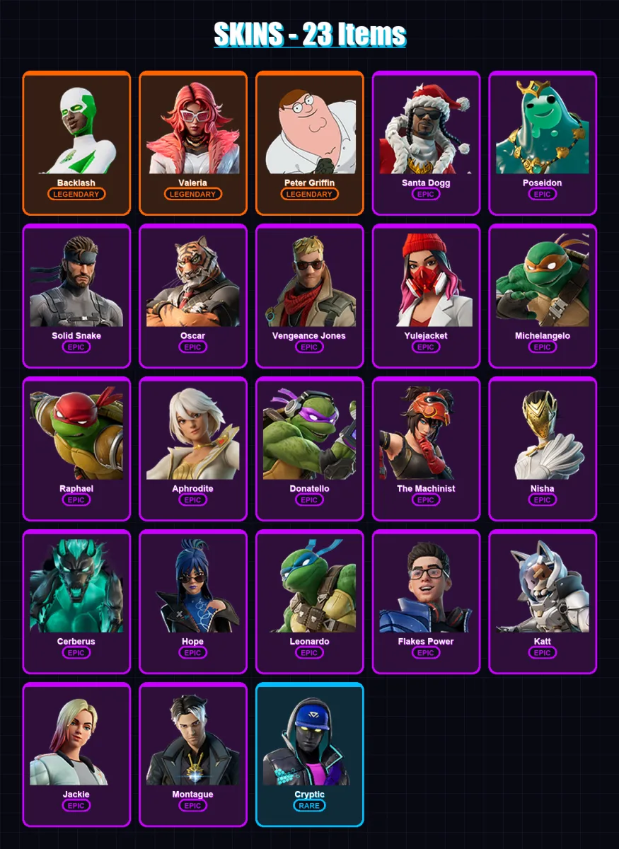 [PC/PSN] | Backlash | Valeria | Peter Griffin | Santa Dogg | Poseidon | 23 skin | 42 pickaxe | 29 emote | 23 glider | Lv397