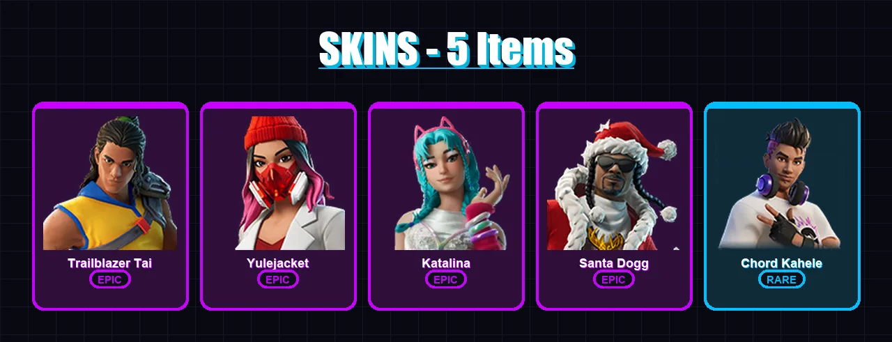 [PC/XBOX/PSN] | Trailblazer Tai | Yulejacket | Katalina | Santa Dogg | Chord Kahele | 5 skin | 16 pickaxe | 11 emote | 11 glider | Lv188