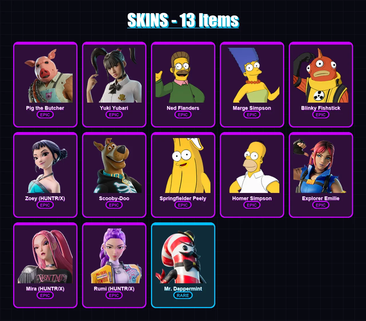 [PC/XBOX] | Pig the Butcher | Yuki Yubari | Ned Flanders | Marge Simpson | Blinky Fishstick | 13 skin | 21 pickaxe | 16 emote | 13 glider | Lv146